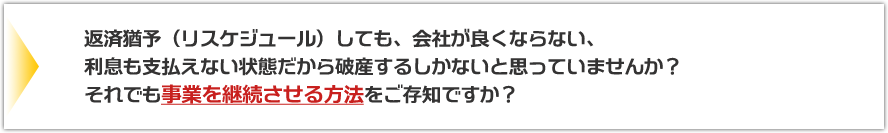 返済猶予（リスケジュール）しても、会社が良くならない、利息も支払えない状態だから破産するしかないと思っていませんか？それでも事業を継続させる方法をご存知ですか？